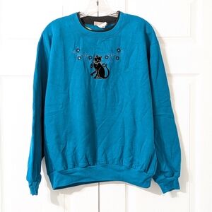 Top Stitch Cat Sweatshirt – Teal Blue – Size L – New with Tag